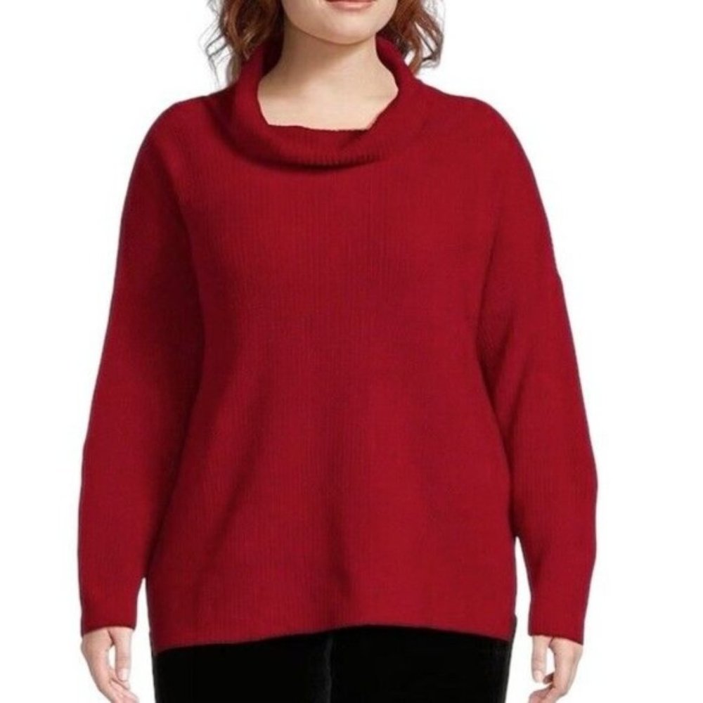$198 Eileen Fisher Women's Red Wool Cowl Funnel Neck Pullover Sweater Sz Large